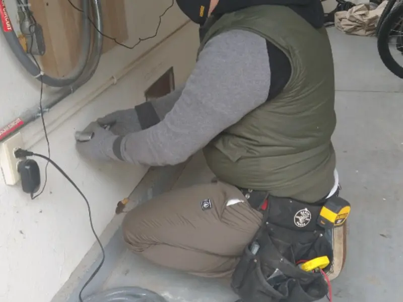 Electrician performing outlet wiring in a Rockingham garage